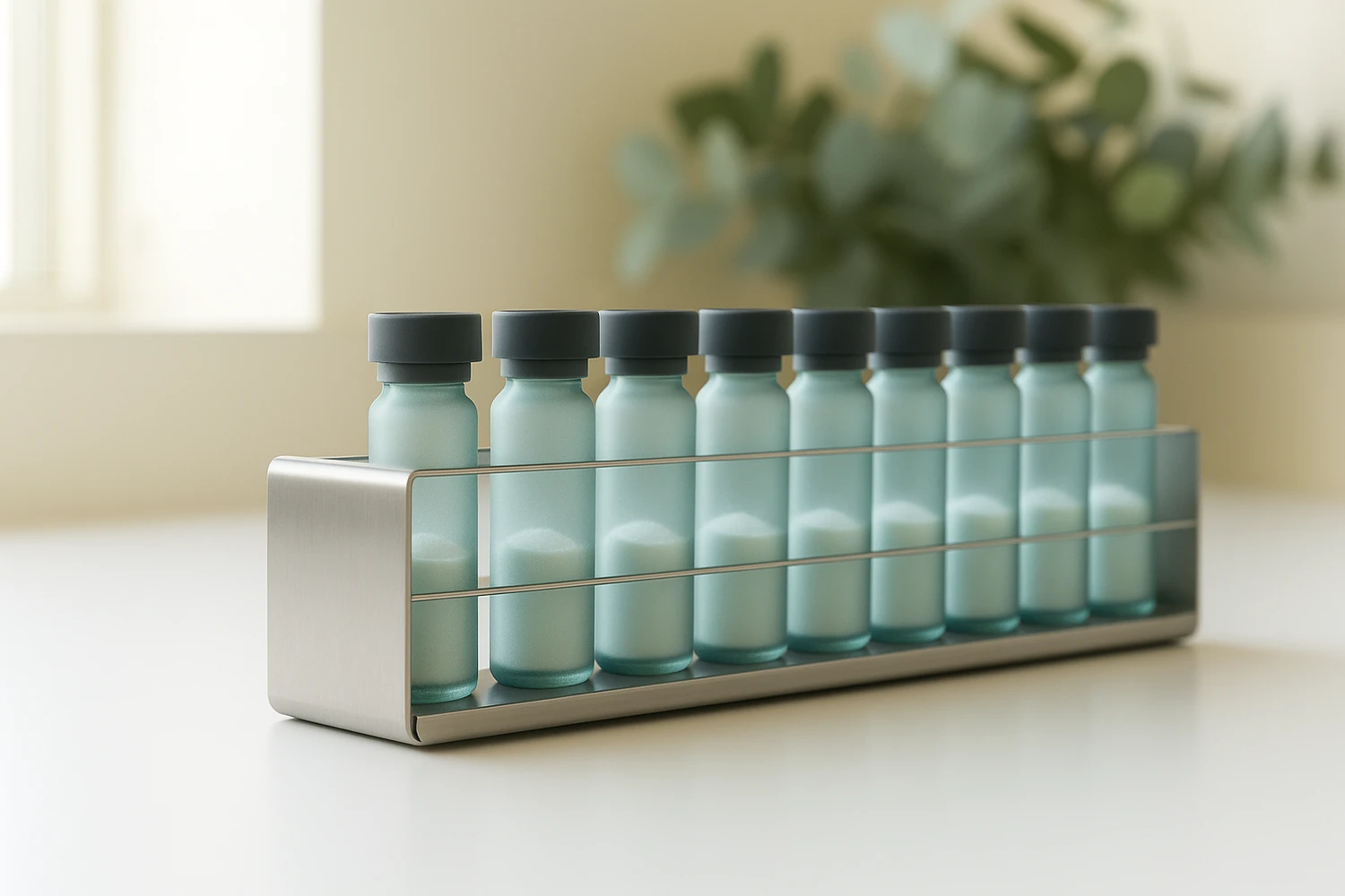 Medlly research vials in a laboratory rack