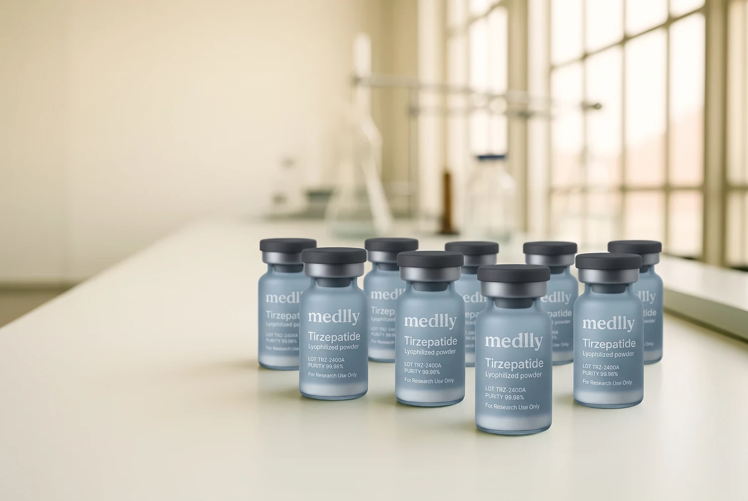 Medlly research vials on a laboratory bench
